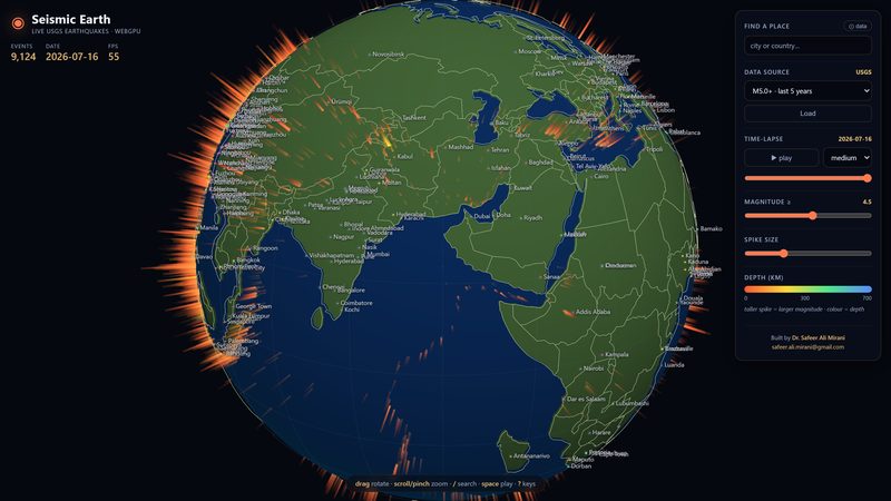 Seismic Earth: a 3D globe of live USGS earthquakes