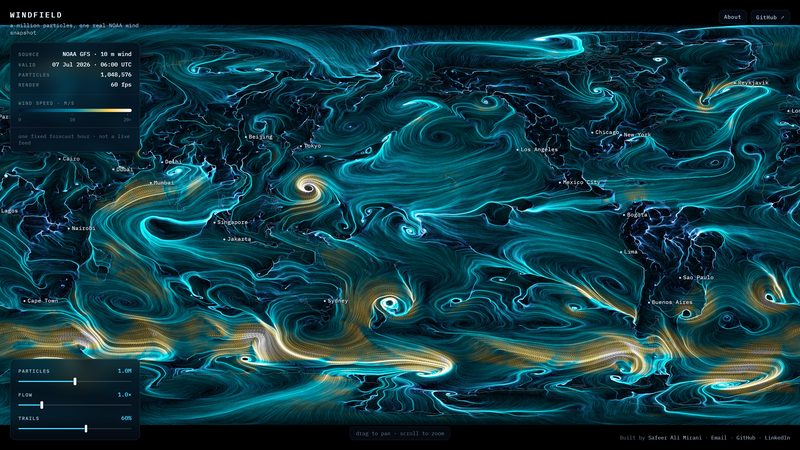 Windfield: a million glowing particles advected through NOAA wind
