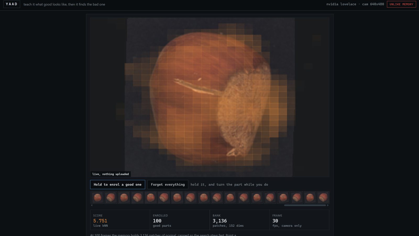 Yaad flagging a cut hazelnut as unlike memory, with the patch heatmap and live readouts